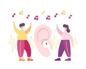Dancing people, listen to music through wireless headphones, musical rhythm. Vector illustration.