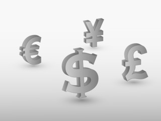 Major currencies of the world including dollar, pound, euro and yen in gray color vector illustration