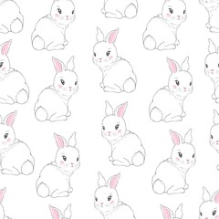 Obraz premium Seamless pattern with cartoon bunnies for kids. Abstract art print. Hand drawn background with cute animals. Vector illustration