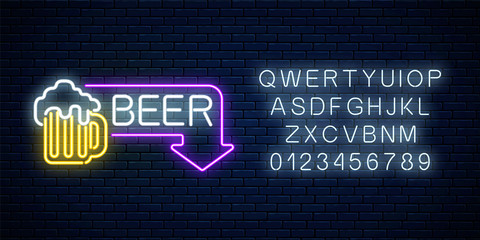 Glowing neon beer pub signboard in rectangle frame with arrow and alphabet. Advertising sign of nightclub with bar.