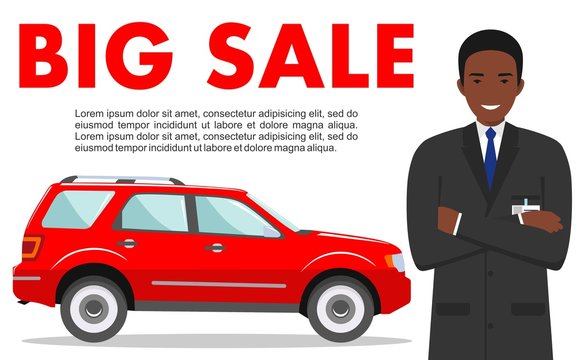 Car showroom. Big sale. Manager sells new automobile. Detailed illustration of african american businessman and red auto on white background in flat style.