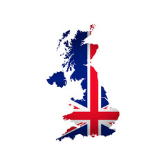 Vector isolated illustration icon with silhouette of United Kingdom of Great Britain and Ireland map. National british flag with cross (red, white, blue colors). White background