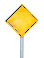 Blank yellow road sign with black border and tall metal pole. Square shape, one single object, front view. Commonly used to warn drivers. Handdrawn watercolour graphic sketch, cutout clip art element.