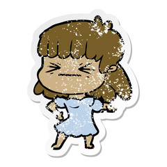 distressed sticker of a cartoon angry girl