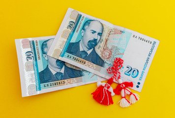 Traditional spring decor martenitsa, Bulgaria. Baba Marta holiday. Bulgarian money leva, shopping...