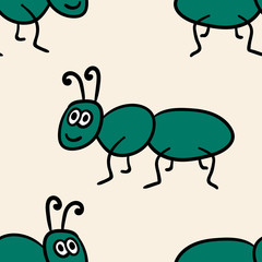 Seamless pattern with cute cartoon doodle linear ant isolated on background. Vector illustration.  