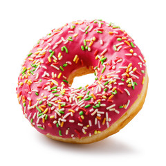 Fresh strawberry glazed donut isolated on white background