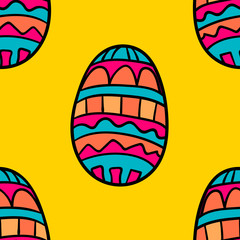 Seamless pattern with cartoon, doodle Easter egg with ornament. Vector illustration.