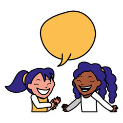 happy interracial girls with speech bubble