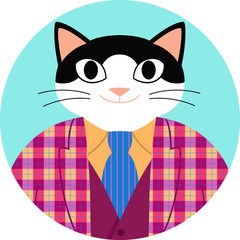 Icon bicolor cat funny cartoon in checked jacket, vest and necktie. Happy black and white cat dressed as elegant hipster isolated on circular green background