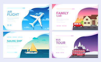 Variations transport of travel vacation tour guide infographic. Cruise, bus, flying on plane, car journey. Vector flyear, invitations, Magazines, cards, presentation, poster, banners set design.