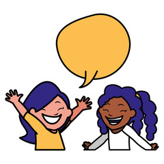 happy interracial girls with speech bubble