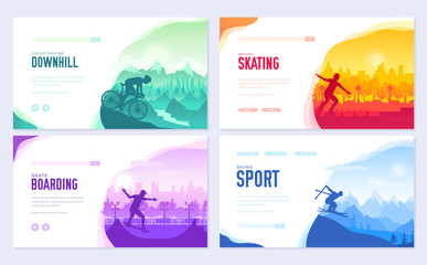 colorful covers with various sports rest day vector brochure cards set. Extreme on nature template of flyear, magazines, poster, books, banners. Active lifestyle invitation concept. Layout modern page