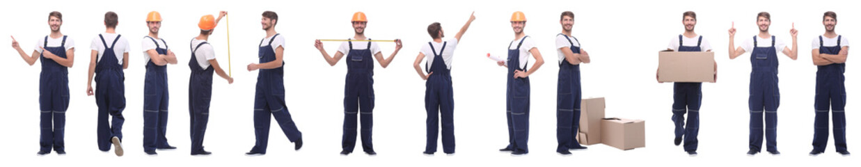 panoramic collage of skilled handyman isolated on white