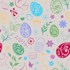 Seamless pattern of eggs, flowers, cakes, hen, chicken and other Easter symbols, multicolored on beige