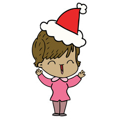line drawing of a laughing woman wearing santa hat