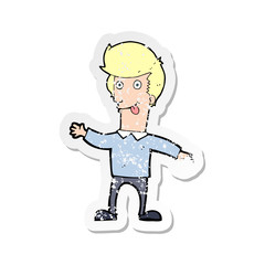 retro distressed sticker of a cartoon man sticking out tongue
