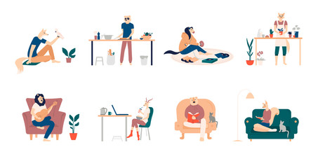 Fototapeta premium Playing guitar, eating sushi, surfing internet, listening to music, reading books, cooking. Bundle of young men and women spending weekend at home. Colored vector illustration in flat cartoon style