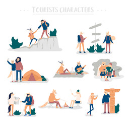 Guy and girl pitching tent, lying in hammock, watch the stars, backpacking. Set of young romantic couples during hiking adventure travel or camping trip. Flat colorful vector illustration