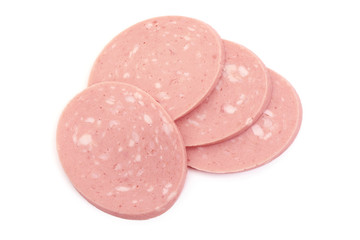 Boiled sausage bologna salami ham, top view, isolated on white background