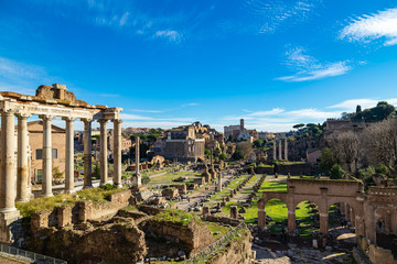 Ancient ruins of Forum in a sunny day in Rome, Italy