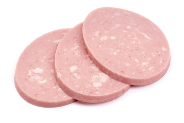 Boiled sausage bologna salami ham, close-up, isolated on white background © GSDesign