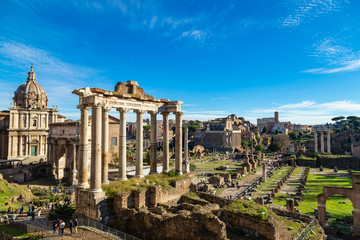 Fototapeta na wymiar Ancient ruins of Forum in a sunny day in Rome, Italy