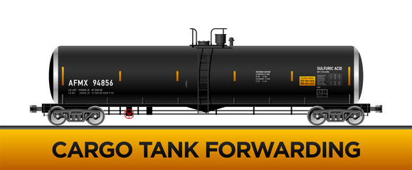 Black Rail Oil Gasoline Tanker Car. Cargo Freight Forwarding Transport. Vector illustration Side View Isolated On White Background