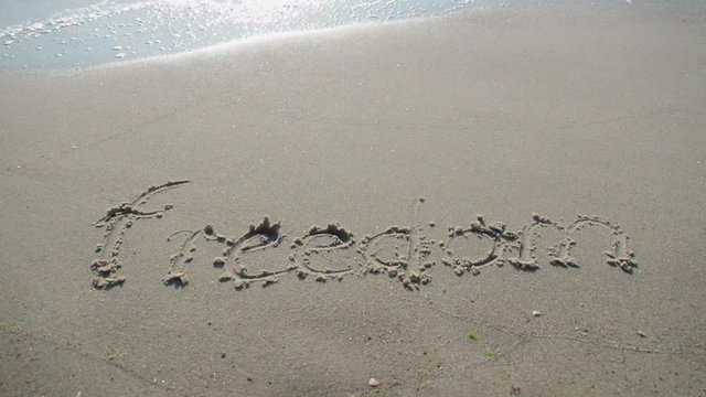 "Freedom" verb written on sand. The wave washes away the inscription freedom on the wet sand.