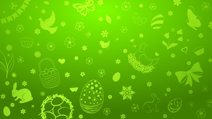 Background of eggs, flowers, cakes, hare, hen, chicken and other Easter symbols in green colors