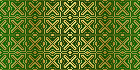 Seamless Patterns Set, Abstract Traditional Geometric Texture. Ornament For Interior Design, Greeting Cards, Birthday Or Wedding Invitations, Paper Print. Ethnic Background In East Style. Green gold