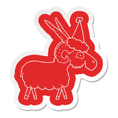cartoon  sticker of a goat wearing santa hat