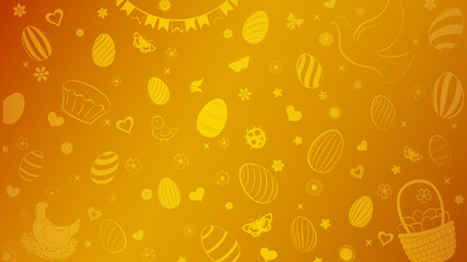 Background of eggs, flowers, cakes, hare, hen, chicken and other Easter symbols in golden colors