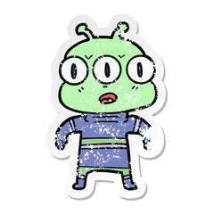 distressed sticker of a cartoon three eyed alien