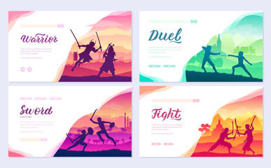 Martial arts of different Nations of the world. Traditional fights with weapon brochure card set. Fighting style battle template of flyear, web banner, ui header, enter site. Layout modern slider page