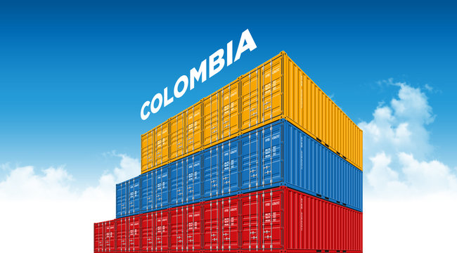 Shipping Cargo Container Colombia Flag For Logistics And Transportation With Clouds