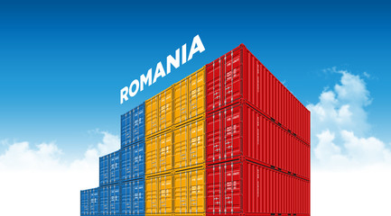 Shipping Cargo Container Romania Flag For Logistics And Transportation With Clouds