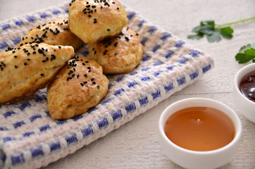 donut and jam  on wooden table