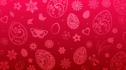Background of eggs, flowers, gift box, chicken and other Easter symbols in red colors