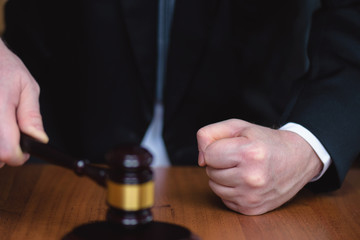 Judicial justice and law. Justice and law concept. Court and decision. Judge hammer on the wooden table.