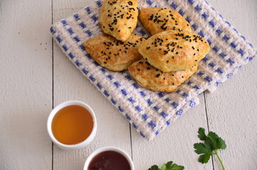 donut and jam  on wooden table