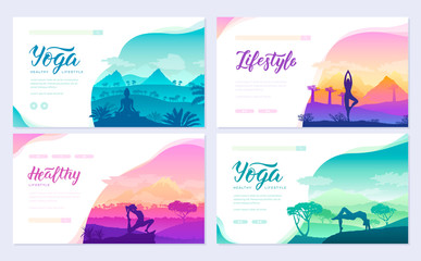 Yoga exercise on the top of the mountains surrounded by nature. Healthy lifestyle for beautiful girls. Sport design for poster, magazine, brochure, booklet