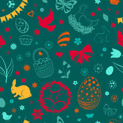 Seamless pattern of eggs, flowers, cakes, hare, hen, chicken and other Easter symbols, multicolored on green