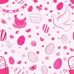 Seamless pattern of eggs, flowers, cakes, hare, hen, chicken and other Easter symbols in red colors