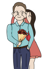 Loving couple with bouquet.