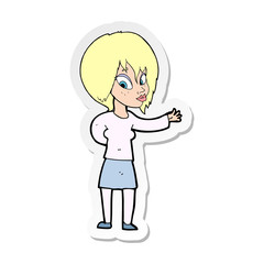 sticker of a cartoon woman making welcome gesture