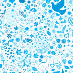 Seamless pattern of eggs, flowers, cakes, hare, hen, chicken and other Easter symbols, blue on white