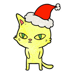 textured cartoon of a cat with bright eyes wearing santa hat