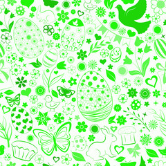 Seamless pattern of eggs, flowers, cakes, hare, hen, chicken and other Easter symbols, green on white