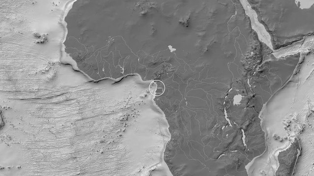 Equatorial Guinea area presented against the global bilevel map in the Patterson Cylindrical projection with animated oblique transformation